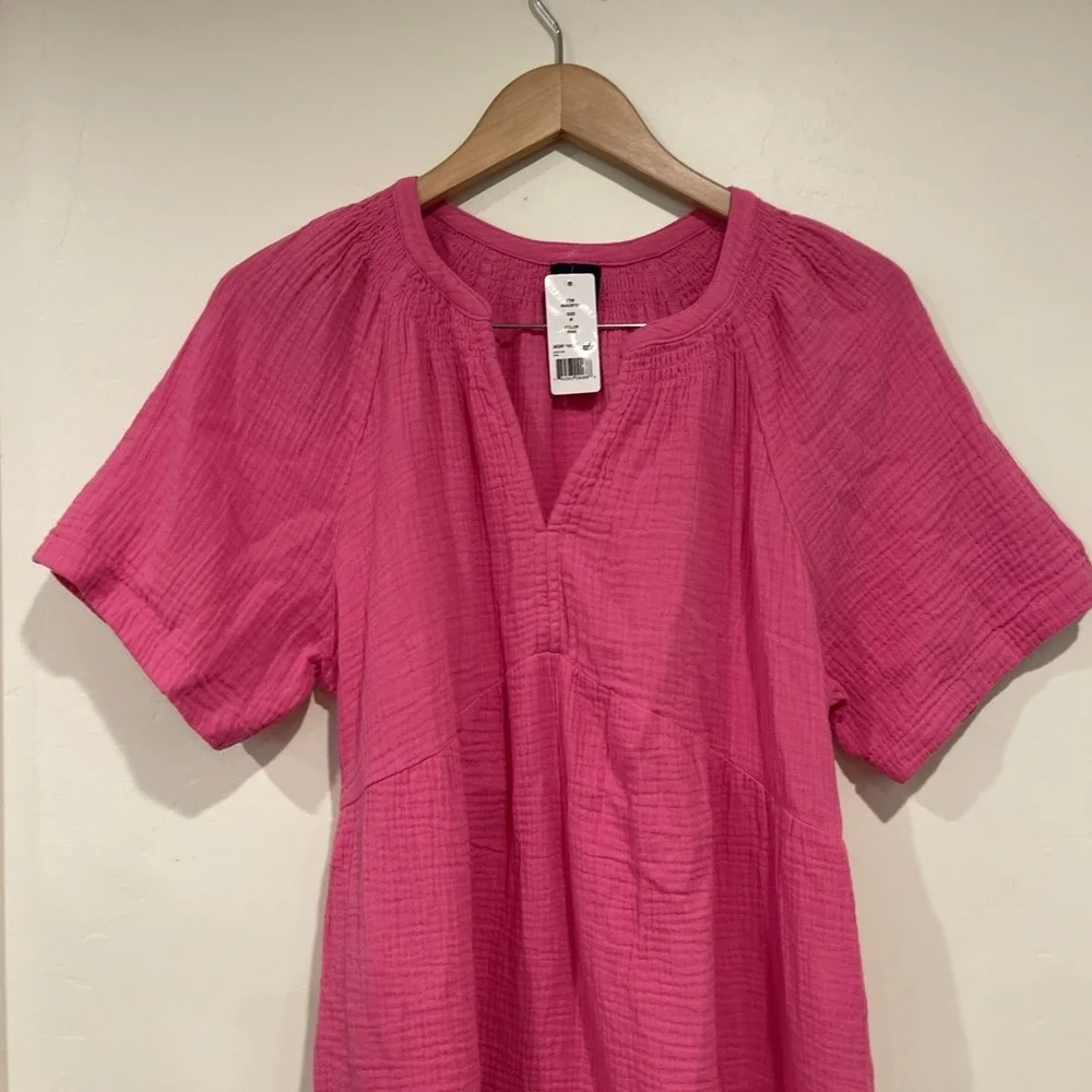 GAP Dress Women's Sz M Pink Crinkle Gauze Tiered Mini Cotton casual cozy - Picture 4 of 7